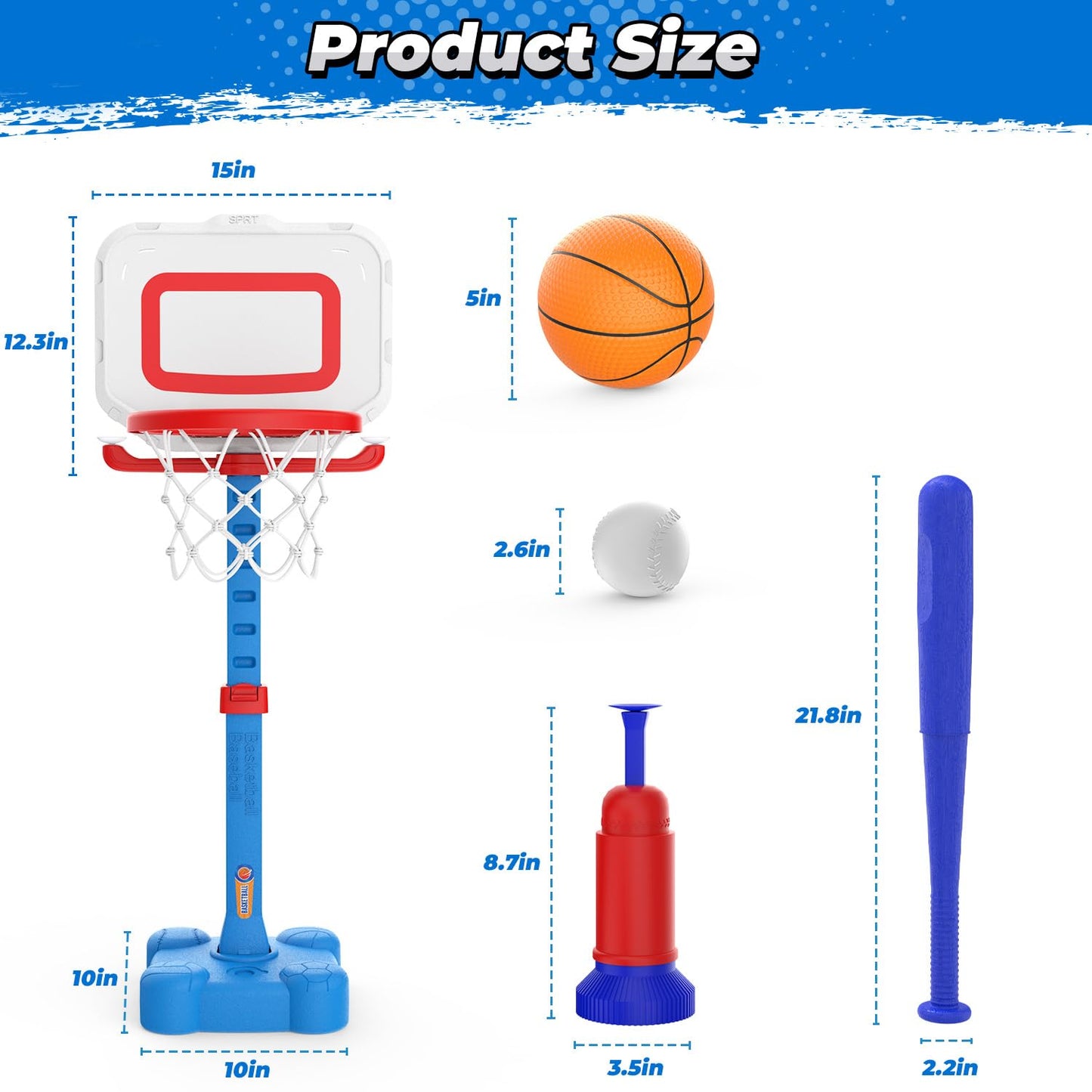 EagleStone 4-in-1 Toddler Basketball Hoop and T Ball Set, Adjustable Height Basketball Hoop,Tee Ball & Ring Toss Toy, Outdoor Indoor Sports Gift for Boys Girls Toddlers Ages 3-8